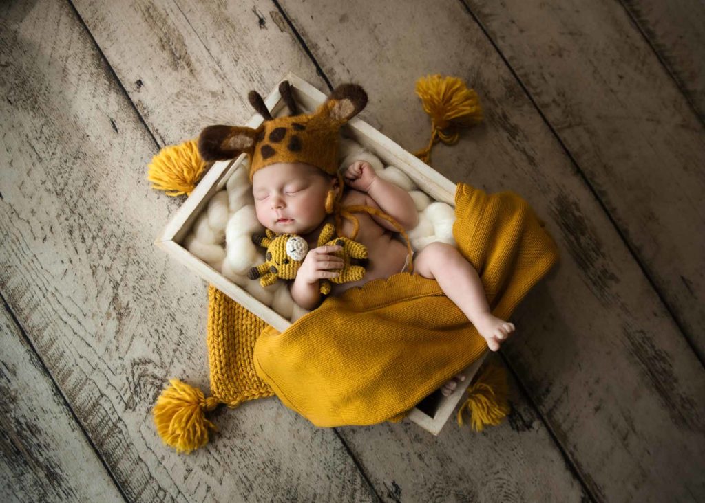newborn baby in giraffe costume