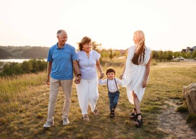 family walking hand in hand in the sunset